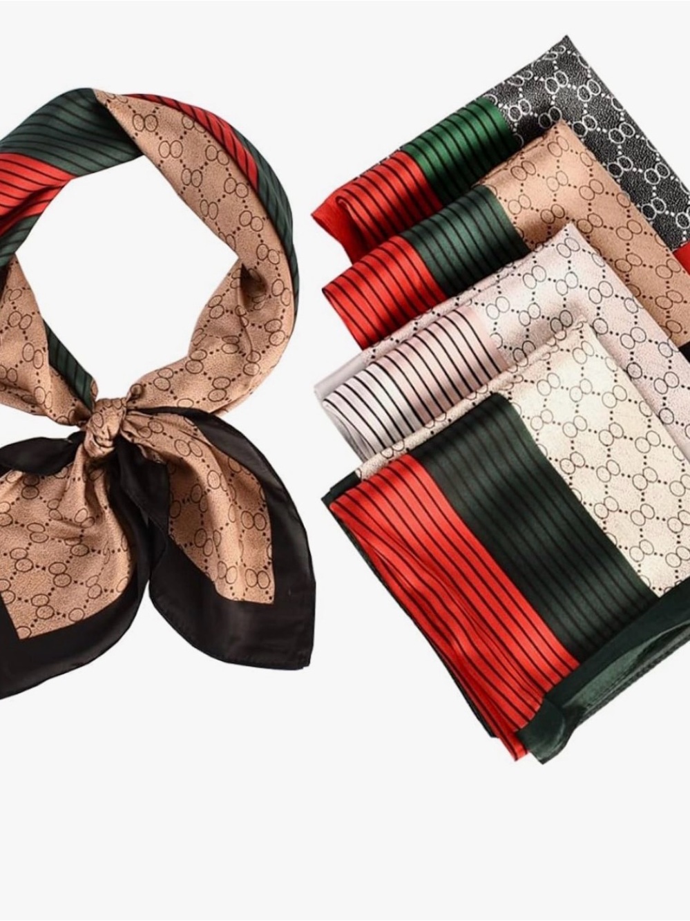 Patterned Satin Neck Scarf in Beige, Green & Red